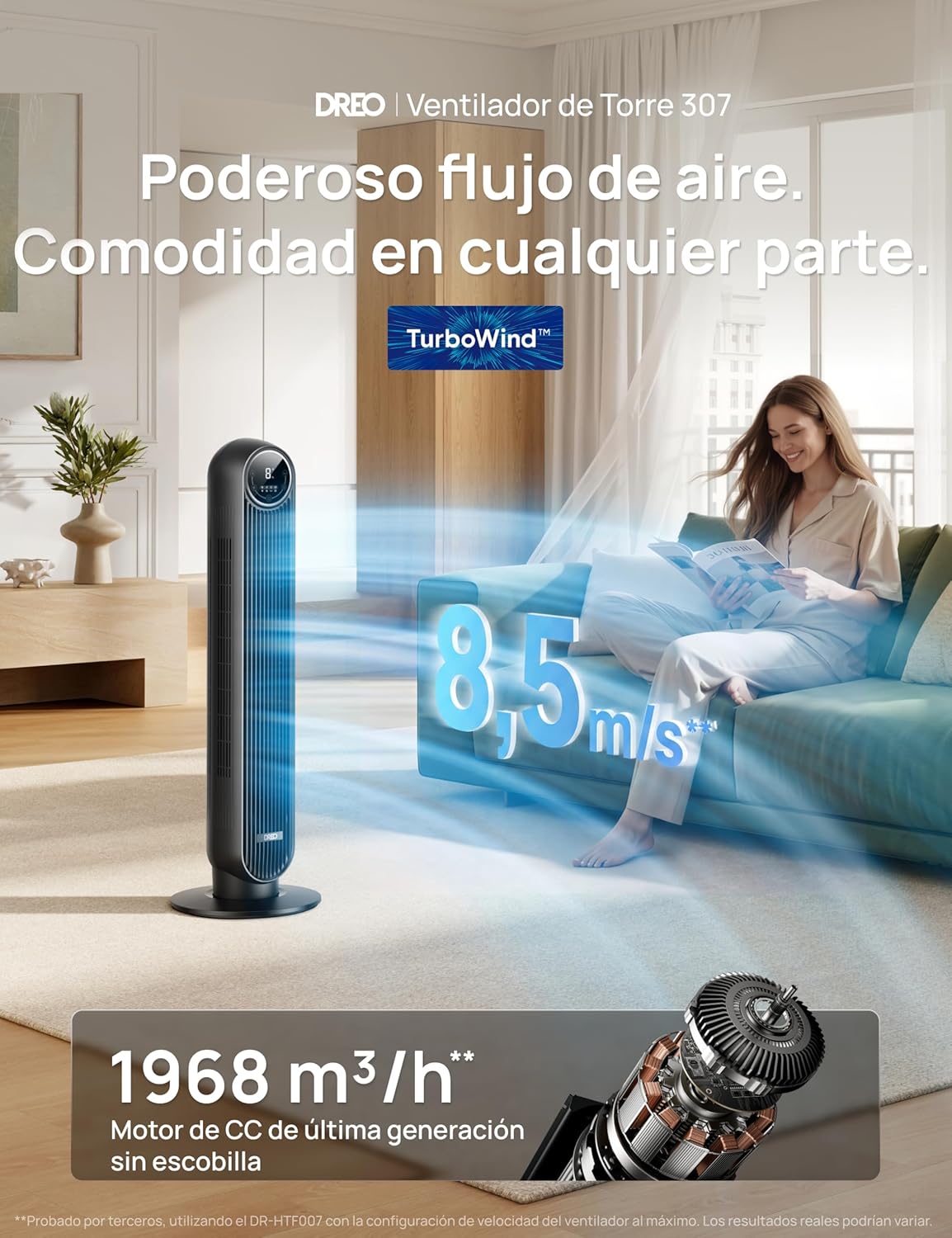 Dreo 20Db Ventilador De Pie Silencioso, Ventiladores De Torre Con Velocidad De 7,6 M/S, 4 Velocidades, Rotación De 90°, Temporizador De 8 Horas, Pantalla LED Y Mando a Distancia Incluido. Negro