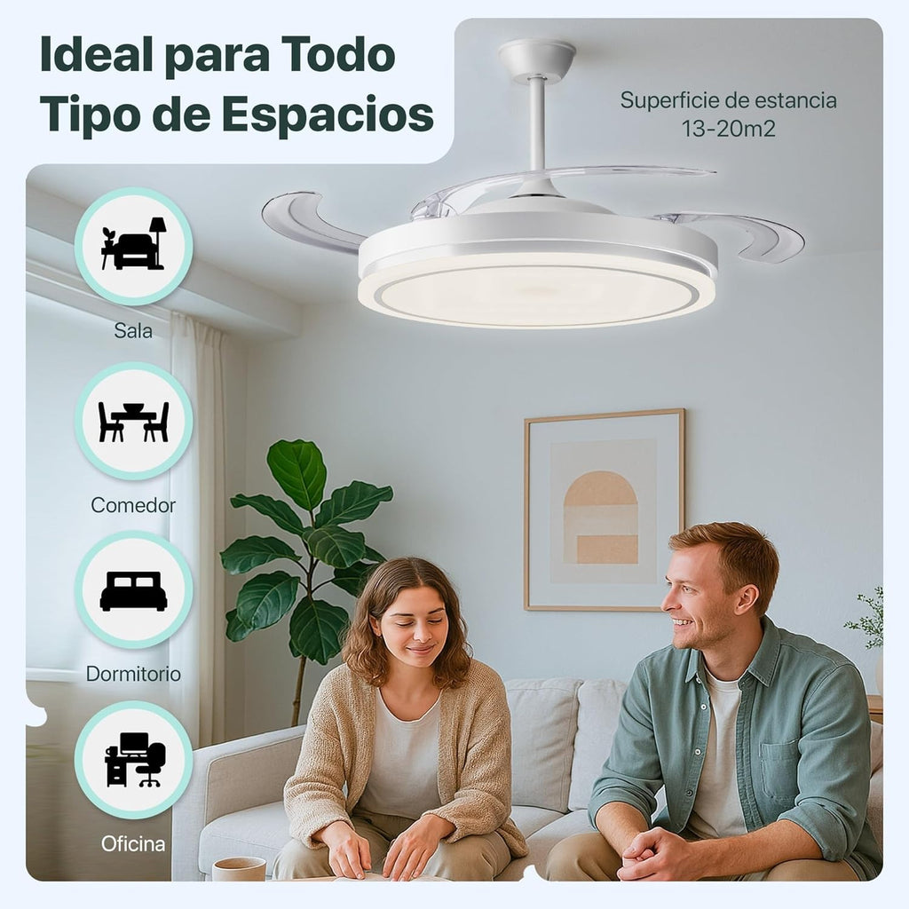 LEDUNI Ventilador de Techo LED Retráctil - 66W, Luz Regulable 2880LM, Control Remoto y Función Verano/Invierno, Diseño Moderno en Blanco Nieve