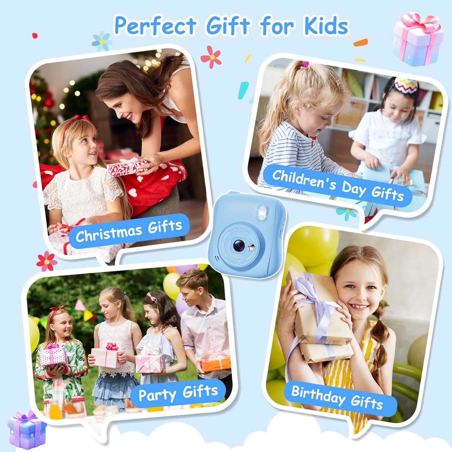 Hangrui Camara Fotos Infantil Instantanea, 1080P Camara Fotos Infantil, Cámara Instantánea Para Niños Con Tarjeta De 32Gb,Papel De Impresión Y Bolígrafos De Colores, Regalos Juguete-Azul