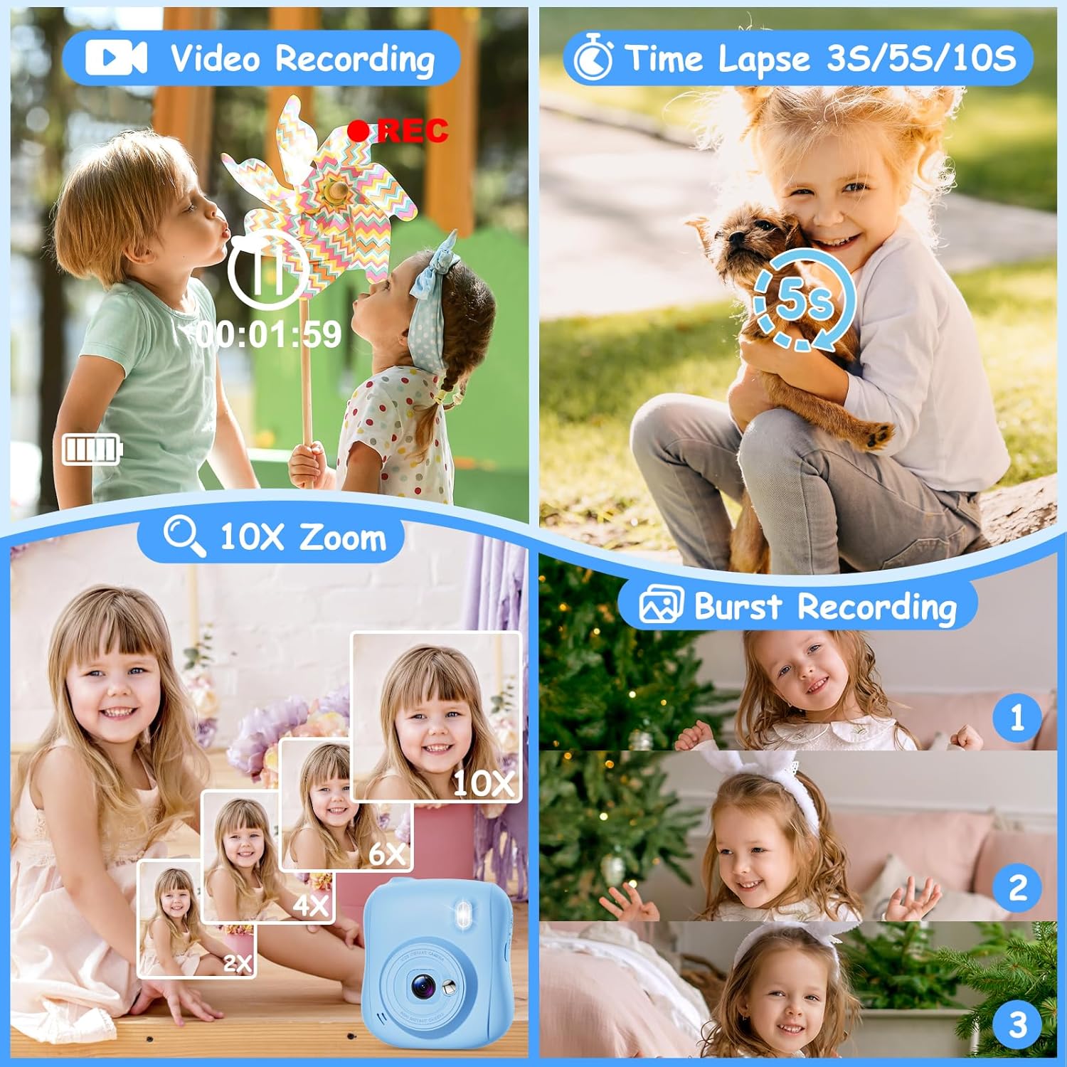 Hangrui Camara Fotos Infantil Instantanea, 1080P Camara Fotos Infantil, Cámara Instantánea Para Niños Con Tarjeta De 32Gb,Papel De Impresión Y Bolígrafos De Colores, Regalos Juguete-Azul