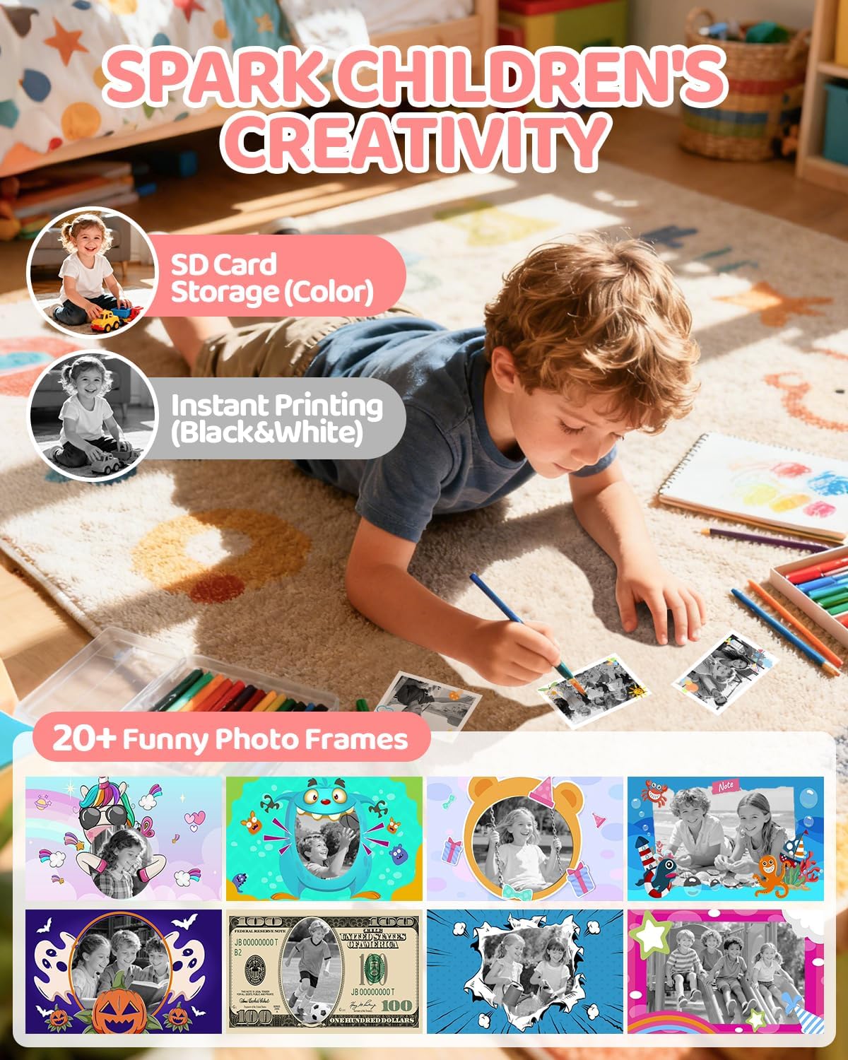 Camara Fotos Infantil Instantanea, HD 1080P Cámara Instantánea Para Niños Con Tarjeta De 32G Y 3 Rollos De Papel, Lentes Dobles, Regalo Para Niños Y Niñas De 3 a 12 Años