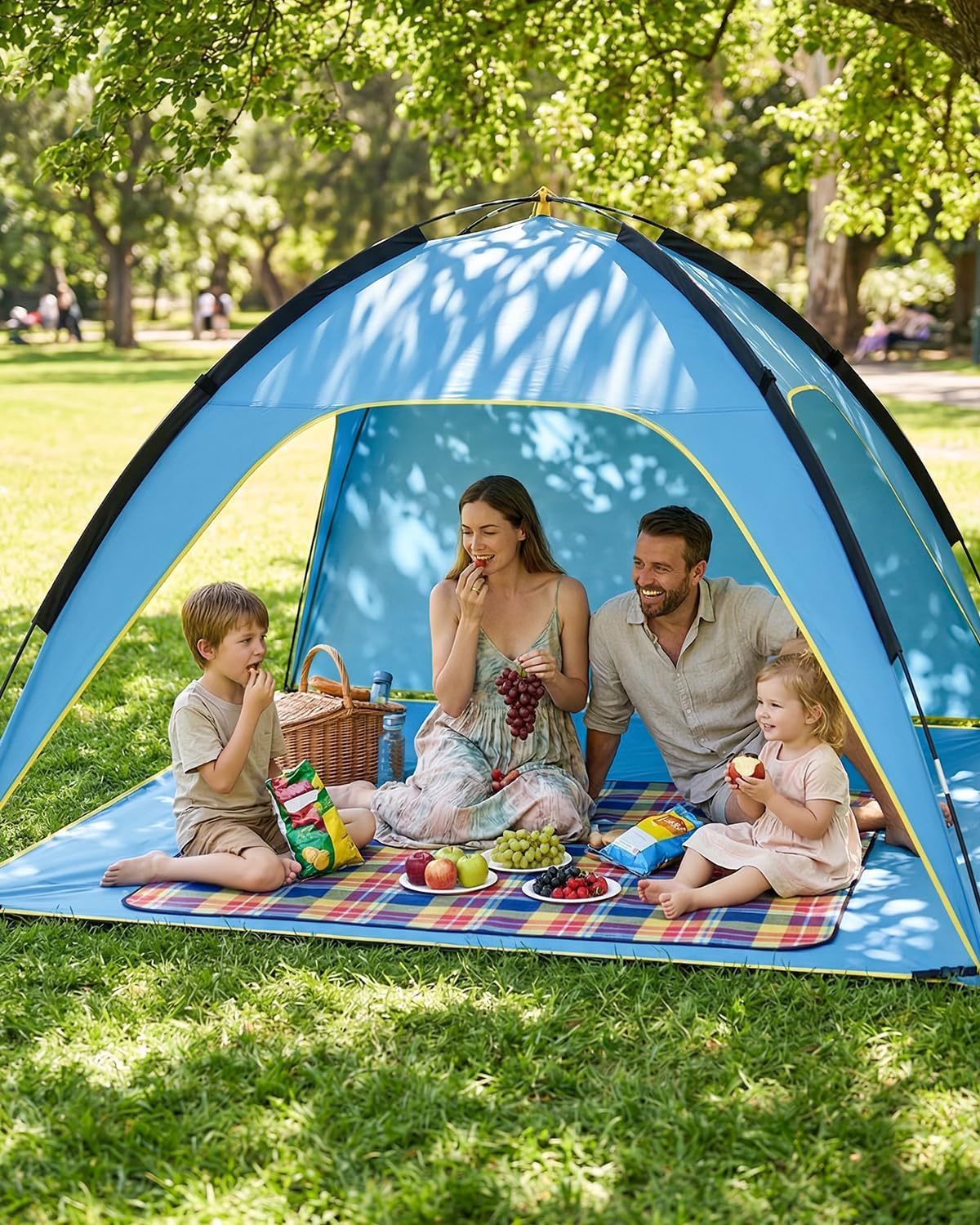 MYMULIKE Tienda De Campaña De Playa UV50+ Con Protección Solar, 210 X 210 X 130 Cm, 4 – 6 Personas, Poliéster 190T Con Varillas De Fibra De Vidrio De 8 Mm, Portátil, Con Sacos De Arena/Clavos Para