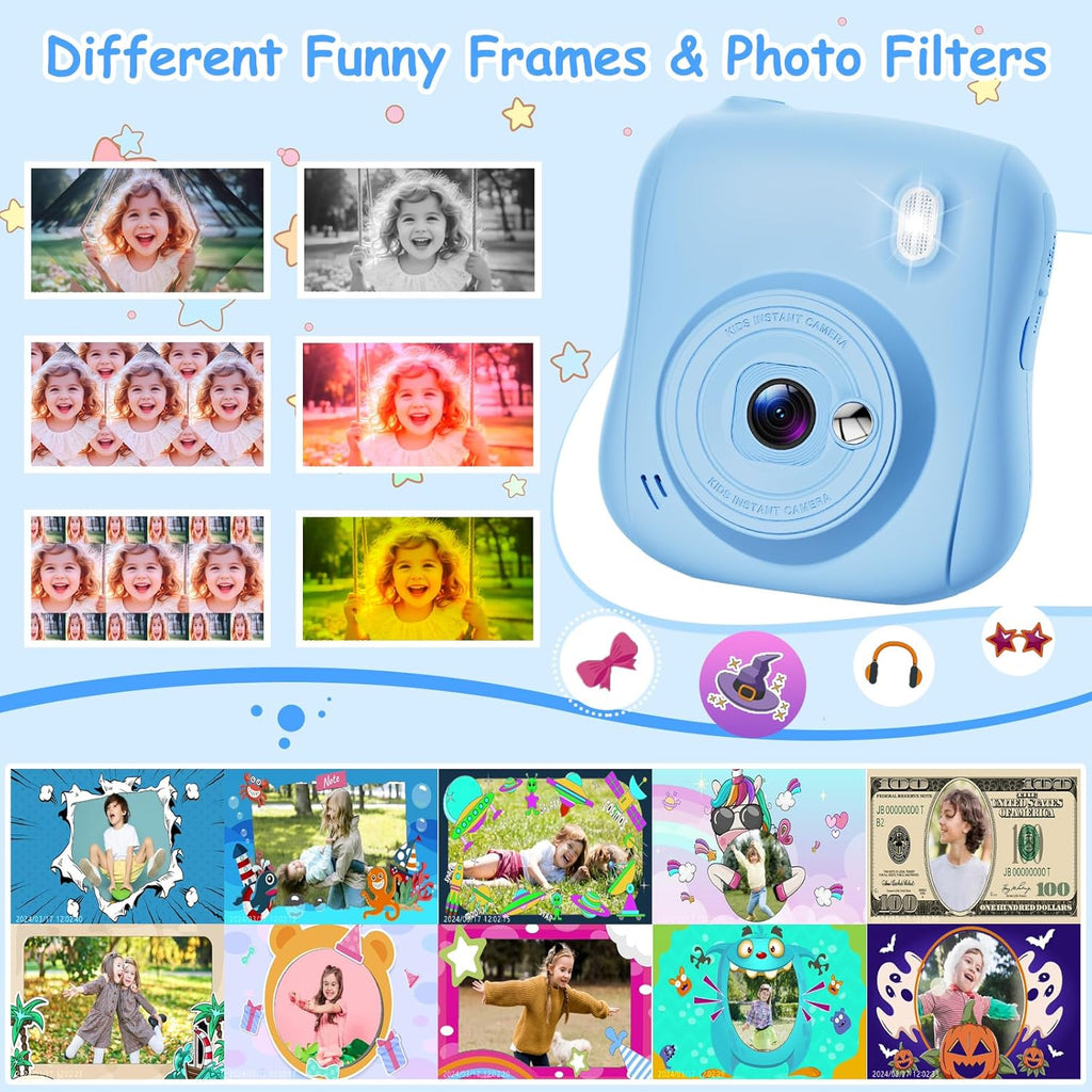 Hangrui Camara Fotos Infantil Instantanea, 1080P Camara Fotos Infantil, Cámara Instantánea Para Niños Con Tarjeta De 32Gb,Papel De Impresión Y Bolígrafos De Colores, Regalos Juguete-Azul