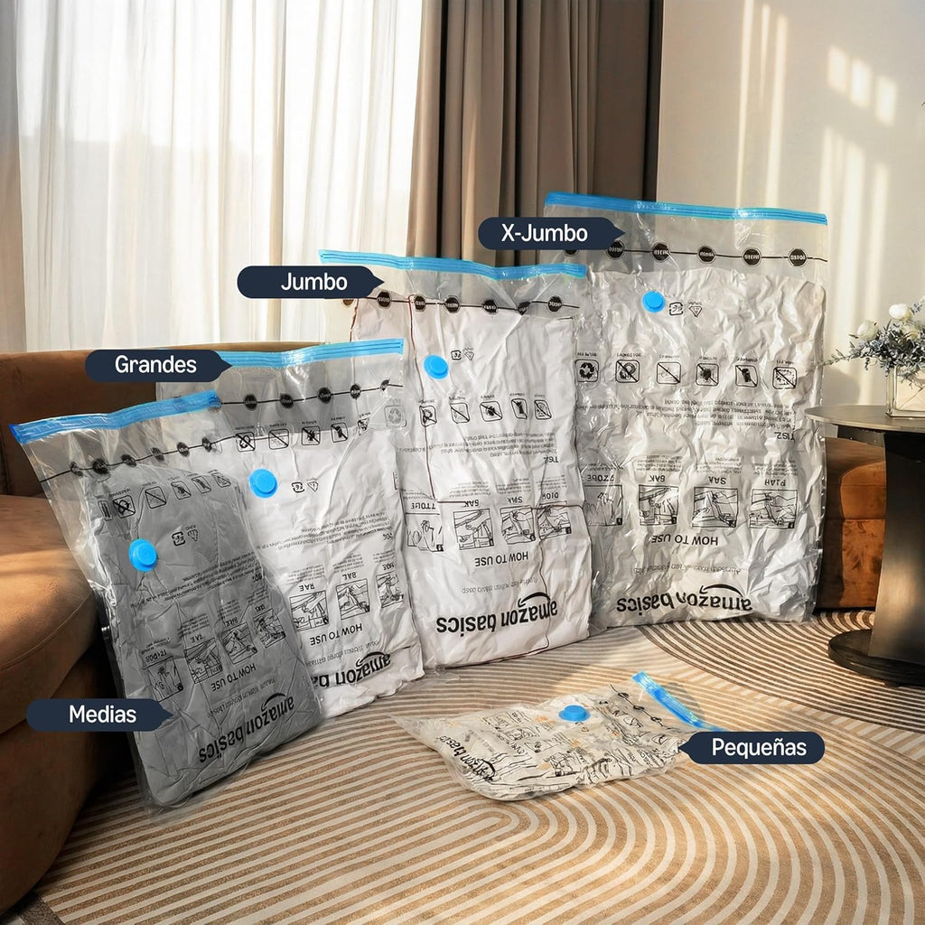 Amazon Basics Paquete De 6 Bolsas De Vacío Para Almacenamiento De Ropa, Incluyen Bomba Manual De Vacío, Con Cremallera, Tamaño Extragrande,Jumbo, Transparente