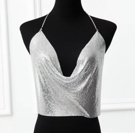 Backless Sequin Shiny Crop Top
