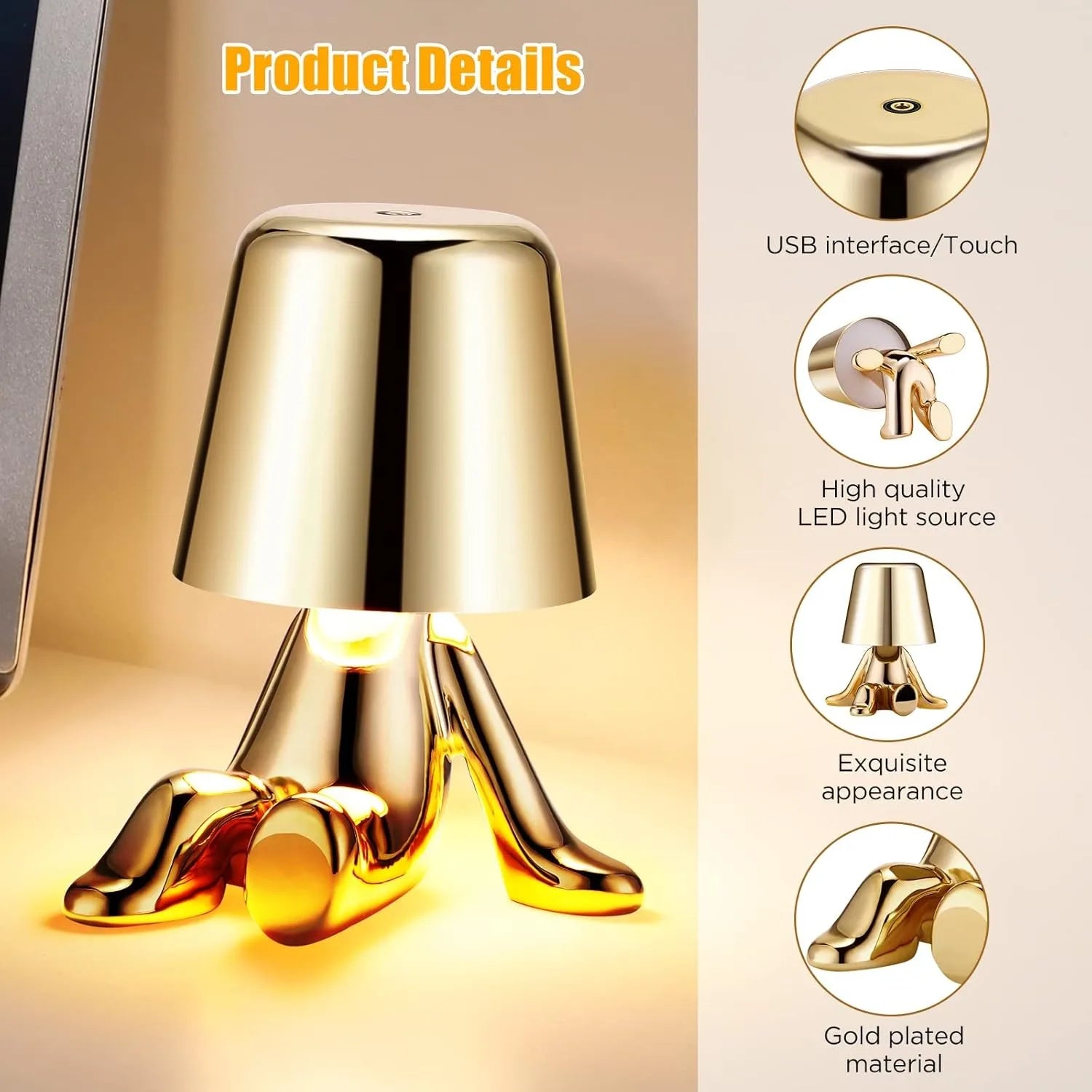 Illuminate Your Space with the Charming Bedside Touch Control Table Lamp - Golden Figurine LED Night Light with Three-Level Brightness
