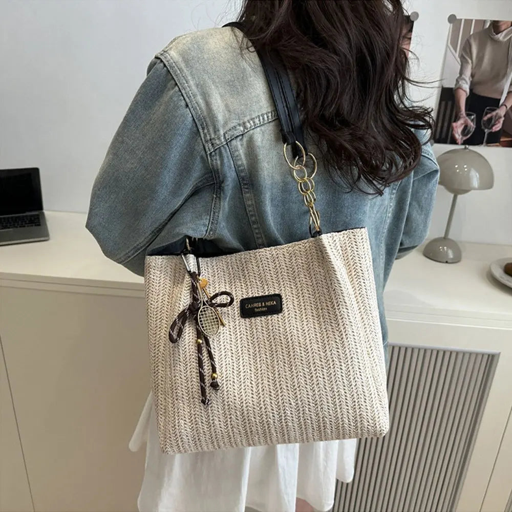 Bolso de hombro elegante de moda, bolso de mano tejido de paja de vacaciones espaciosa, bolso tejido de Color sólido informal de moda