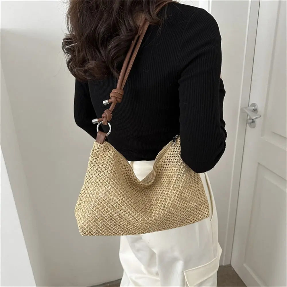 Bolso de Paja Tejido a la Moda, Bolso Tote de Gran Capacidad, Bolso de Mano Trenzado Hecho a Mano, para Playa de Verano