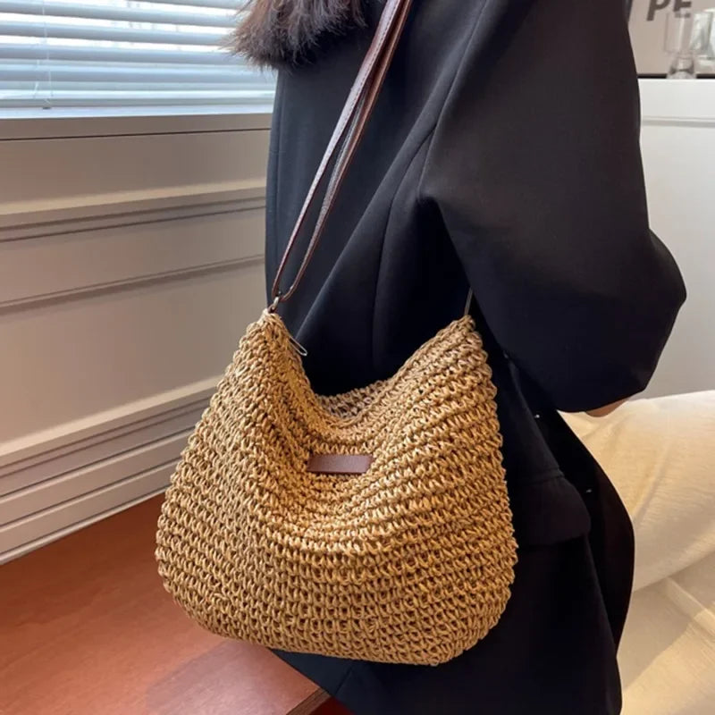 Bolso cruzado de paja de verano a la moda para mujer, bolso de hombro tejido para compras en la playa y vacaciones, bolsos de mensajero para mujer