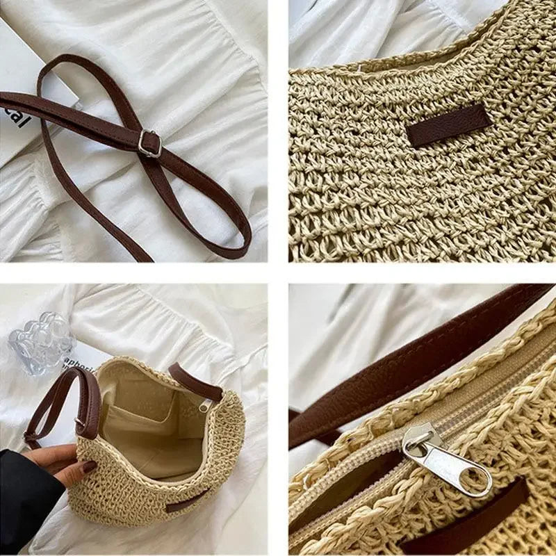 Bolso cruzado de paja de verano a la moda para mujer, bolso de hombro tejido para compras en la playa y vacaciones, bolsos de mensajero para mujer