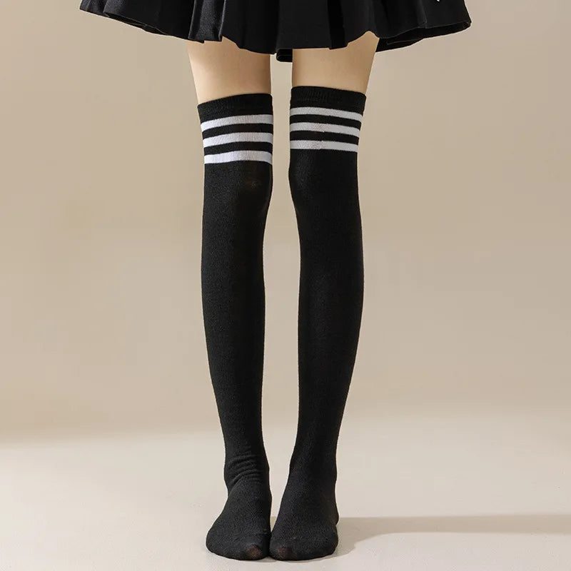 1/4Pairs Women over Knee Thigh High Socks Black White Striped Women Sexy Long Stockings Academic Style Solid Corlor Socks