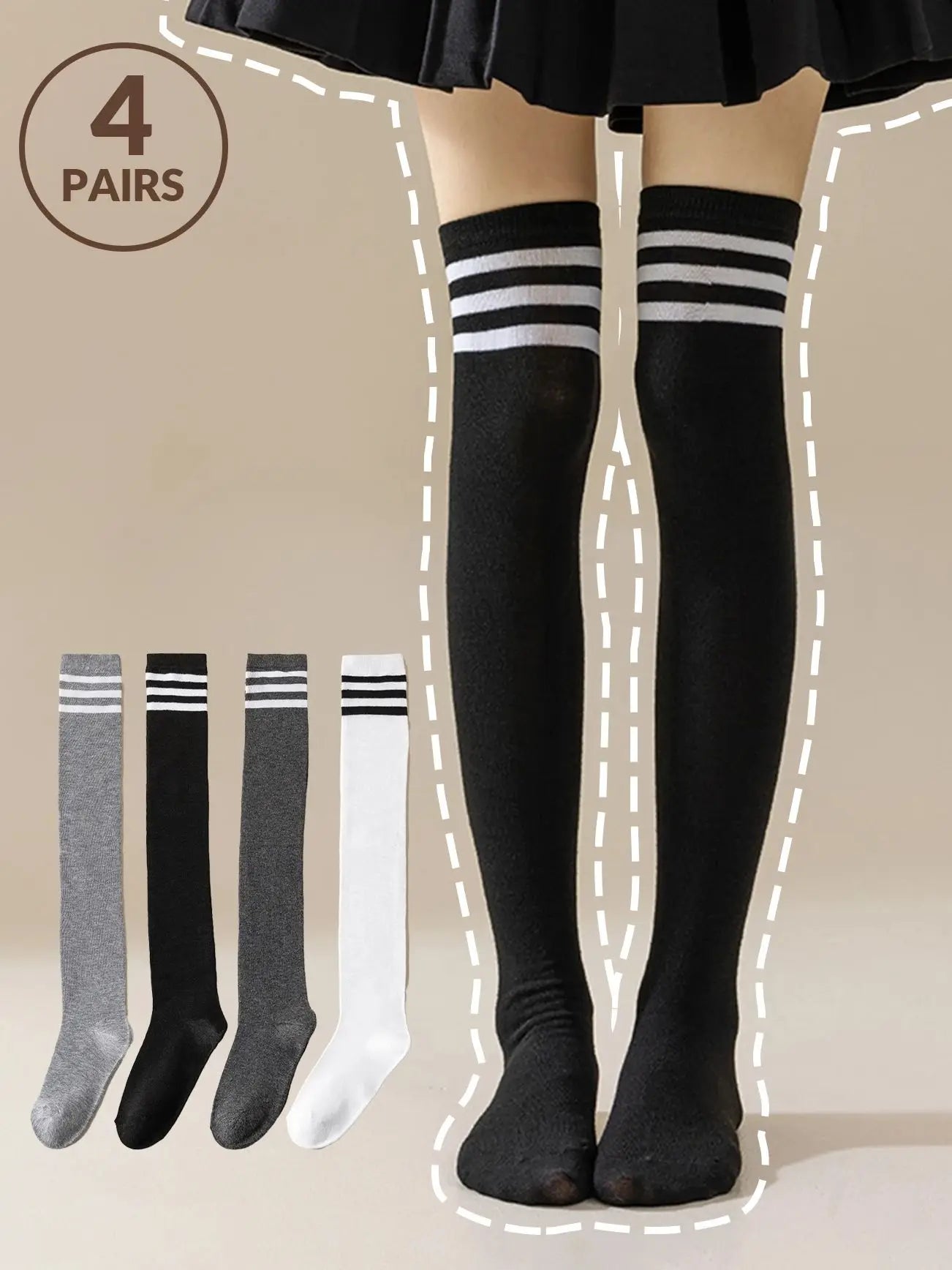 1/4Pairs Women over Knee Thigh High Socks Black White Striped Women Sexy Long Stockings Academic Style Solid Corlor Socks