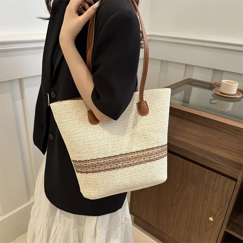 Bolso de Hombro de Gran Capacidad para Mujer, Bolso de Mano de Paja Tejida para Verano, Bolso de Playa de Diseño de Lujo para Mujer, Bolso de Compras