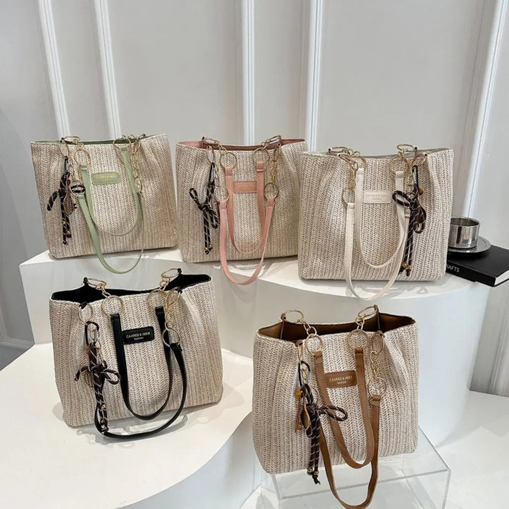 Bolso de hombro elegante de moda, bolso de mano tejido de paja de vacaciones espaciosa, bolso tejido de Color sólido informal de moda