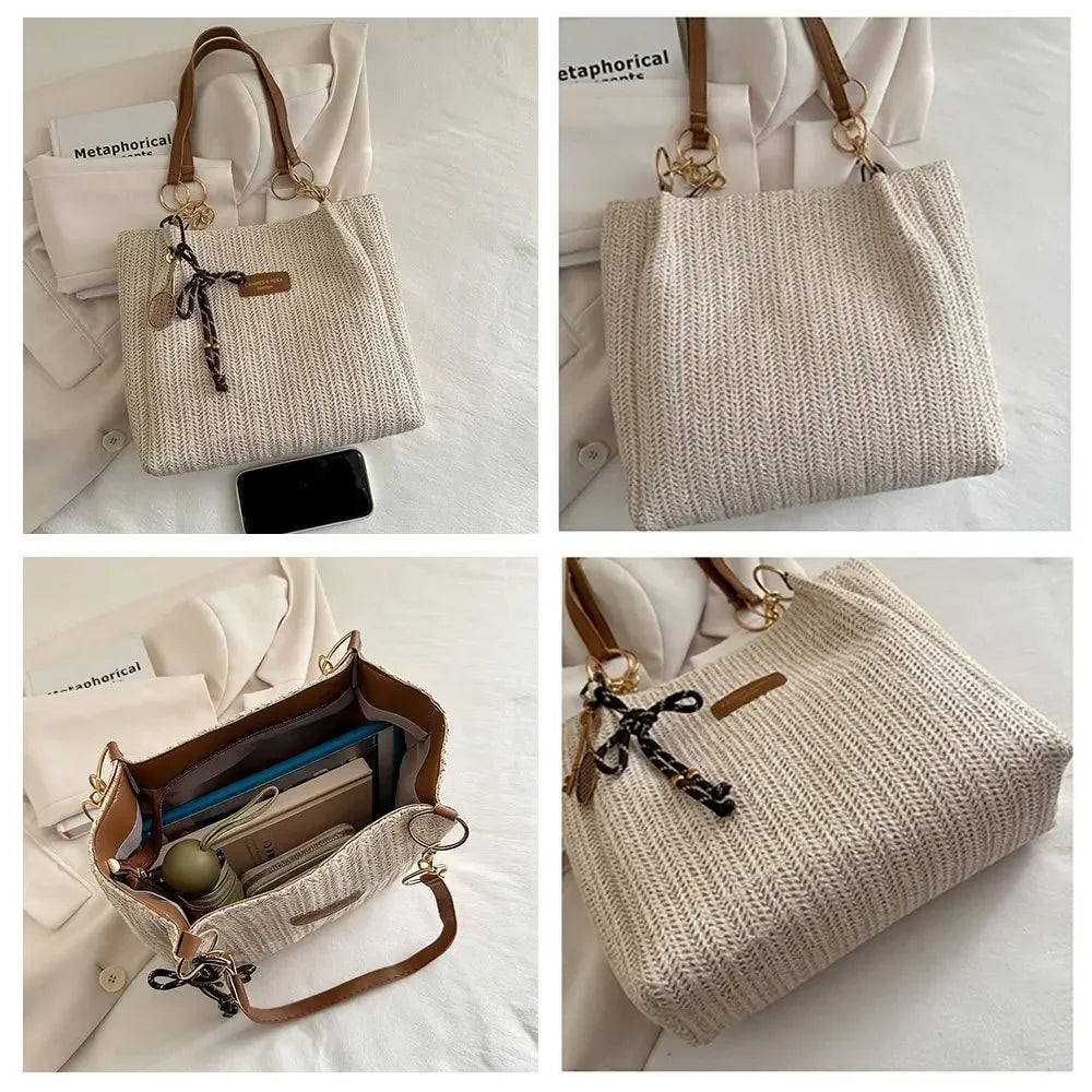 Bolso de hombro elegante de moda, bolso de mano tejido de paja de vacaciones espaciosa, bolso tejido de Color sólido informal de moda