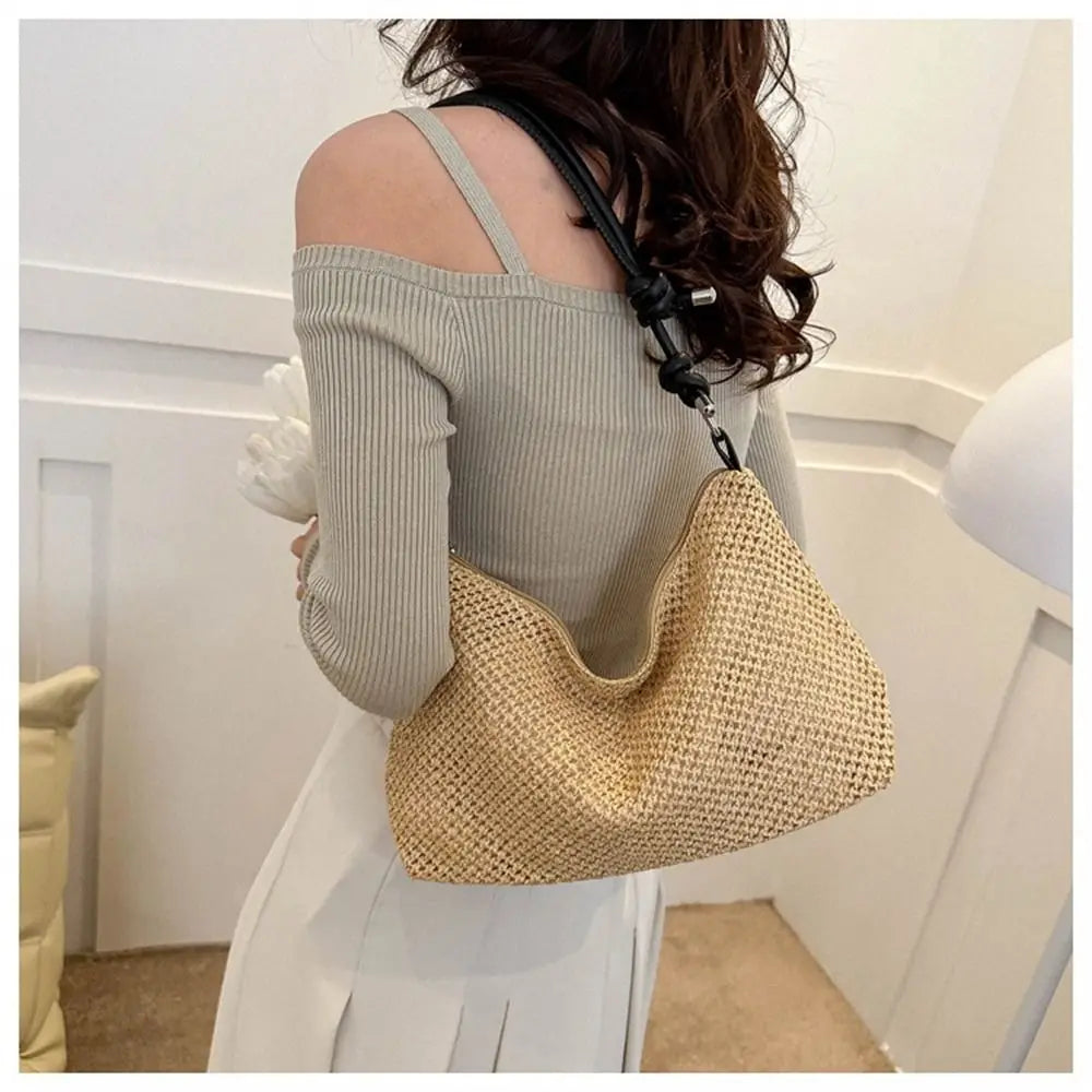 Bolso de Paja Tejido a la Moda, Bolso Tote de Gran Capacidad, Bolso de Mano Trenzado Hecho a Mano, para Playa de Verano
