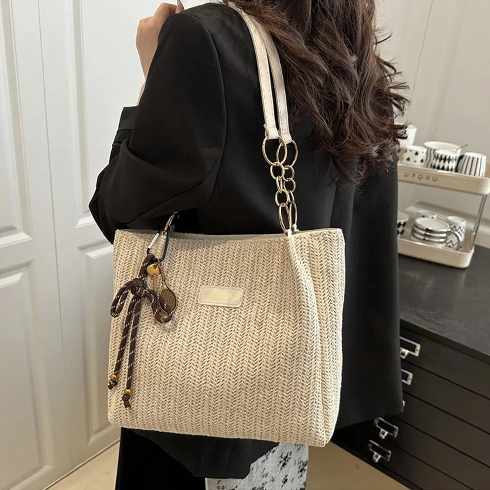 Bolso de hombro elegante de moda, bolso de mano tejido de paja de vacaciones espaciosa, bolso tejido de Color sólido informal de moda