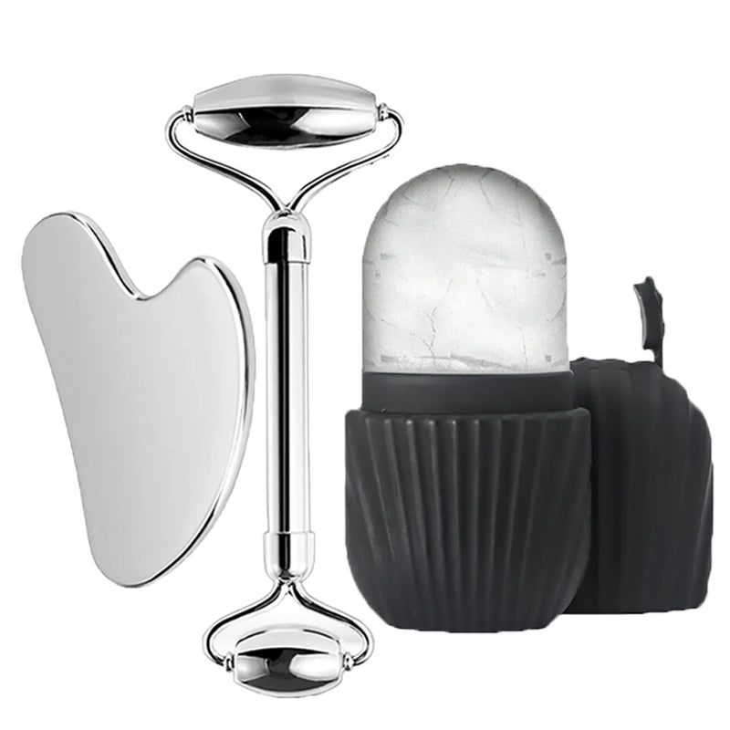Revitalize Your Skin with Our Premium 1/3 Piece Stainless Steel Ice Face Roller and Scraping Board Set