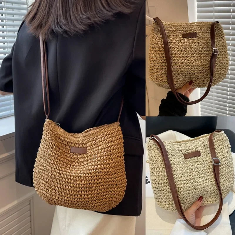 Bolso cruzado de paja de verano a la moda para mujer, bolso de hombro tejido para compras en la playa y vacaciones, bolsos de mensajero para mujer