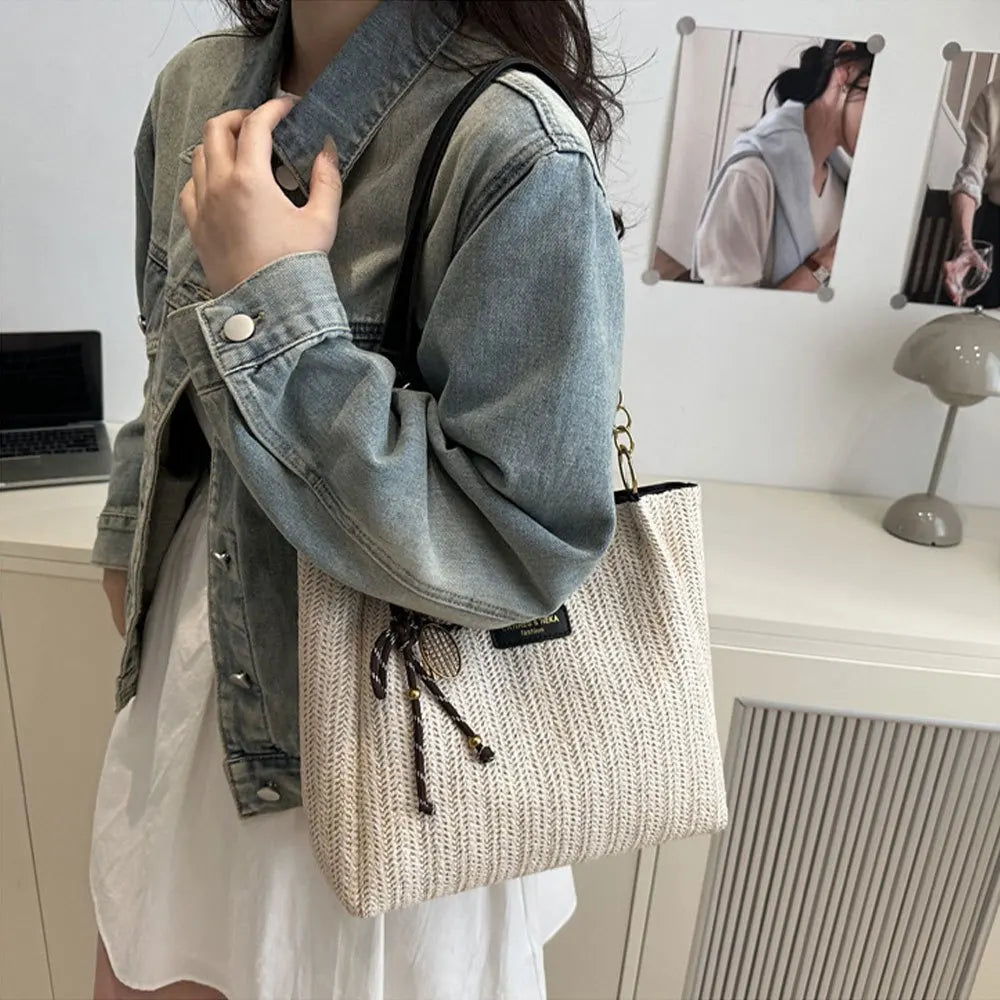Bolso de hombro elegante de moda, bolso de mano tejido de paja de vacaciones espaciosa, bolso tejido de Color sólido informal de moda