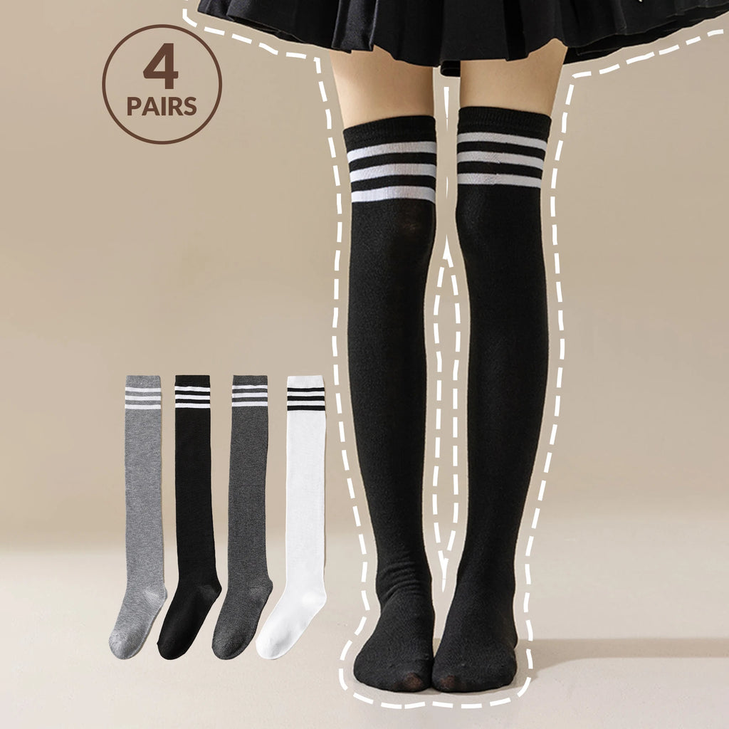 1/4Pairs Women over Knee Thigh High Socks Black White Striped Women Sexy Long Stockings Academic Style Solid Corlor Socks