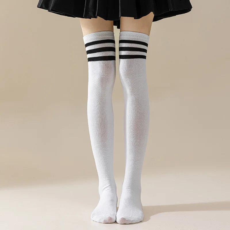 1/4Pairs Women over Knee Thigh High Socks Black White Striped Women Sexy Long Stockings Academic Style Solid Corlor Socks